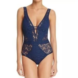 Becca Color Play Sheer Crochet Plunge One Piece Swimsuit Navy Blue M